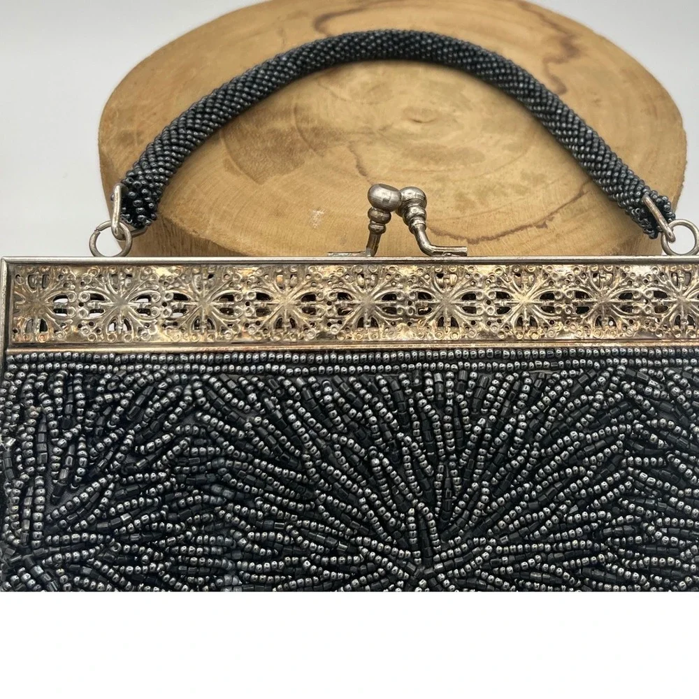 Vtg Beaded Blk Starburst Evening Bag Silver Filigree Kiss Lock Purse Mid century